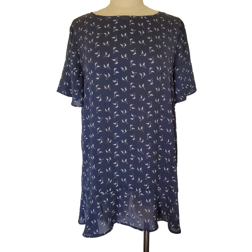 Loft Blouse Shirt Women Medium Navy Blue White Leaf Print Crisscross Back Casual